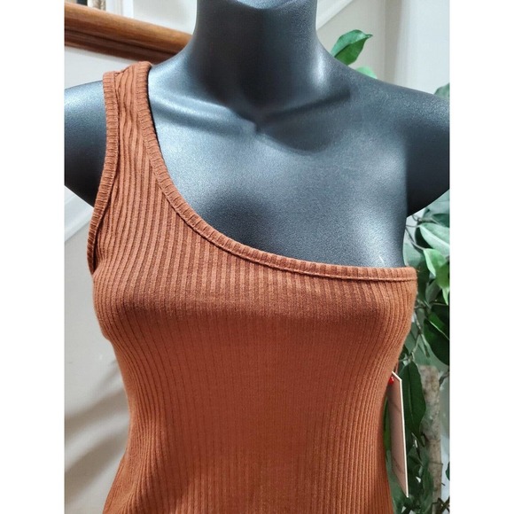 Aura NWT Brown Rust Rayon One Shoulder Off Sleeveless Ribbed Dress Size Small - Picture 2 of 12